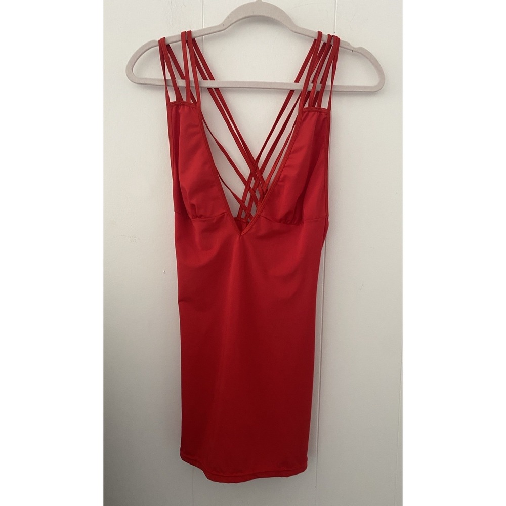 Elegant Moments 8279 Deep V Strappy Ruched Mini Dress Lingerie Chemise Red S